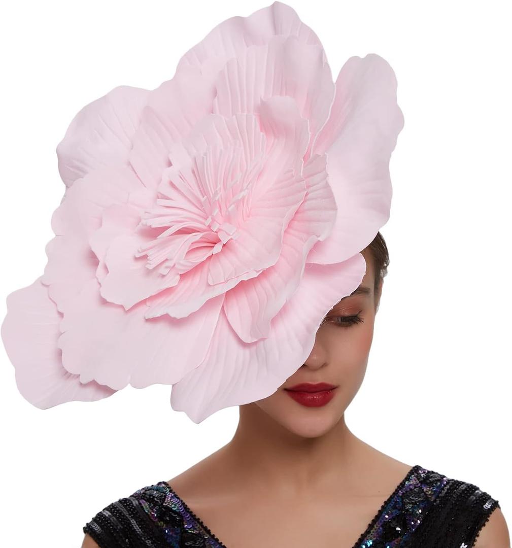 Large Flower Fascinators for Girls Women Tea Party Cocktail Headwear Derby Hats with Headband and Clip for Wedding (Pink)