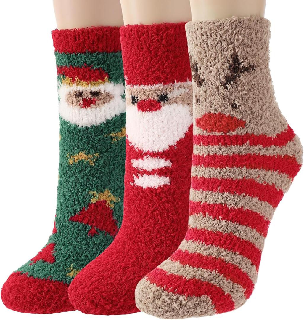 Trifabricy Chirstmas Fuzzy Socks for Women Gifts, Women's Winter Soft Warm Cozy Slipper Home Sleeping Sock for Chiristmas, Red Green, Khaki,3 Pairs-vn