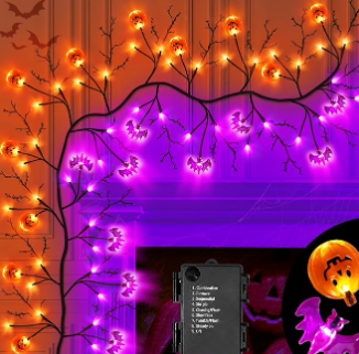 7 Ft Halloween Decorations Willow Vine Twig Garland with 8 Modes Timer 63 LED Orange Lights, Halloween Garland with Waterproof Battery Operated for Wall Fireplace Decorations Indoor Outdoor