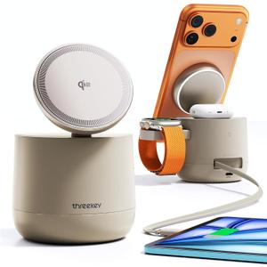 THREEKEY 4 in 1 Qi2 Magnetic Wireless Charging Station for MagSafe, 15W Fast Charger with Made for Apple Watch Charging Module, for iPhone 1712 Series & AirPods, 65W Adapter Included (Sand)