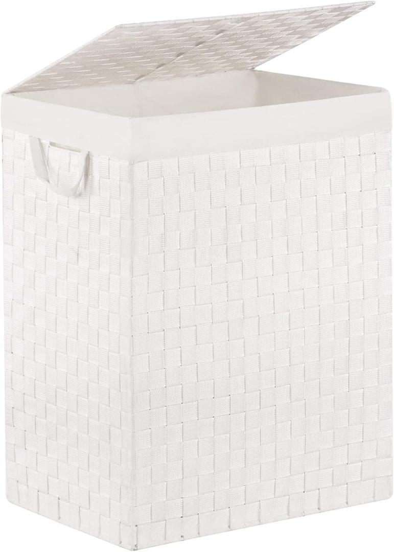 YOUDENOVA Handwoven Laundry Basket Hamper with Removable Bag and Lid, Collapsible Clothes Hamper with Handle, White, 90L