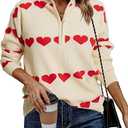 Heart Sweater for Women V Neck Valentines Sweatshirt Quarter Zip Pullover Ribbed Knitted Sweaters Loose Slouchy Tops, 2XL