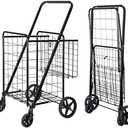 SUPER DEAL Folding Shopping Cart with Wheels and Double Basket for Groceries Laundry Book Luggage Travel, Black