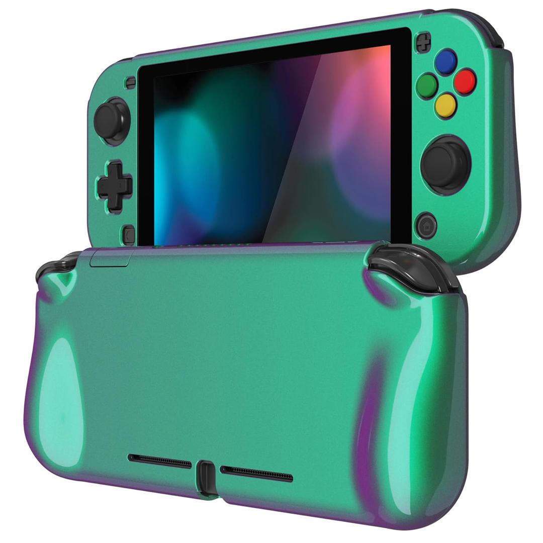 PlayVital ZealProtect Protective Case for Nintendo Switch Lite, Ergomomic Grip Hard Cover - Durable Shock-Absorbent Anti-Scratch with Screen Protector & Thumb Grip Button Cap, Chameleon Green Purple