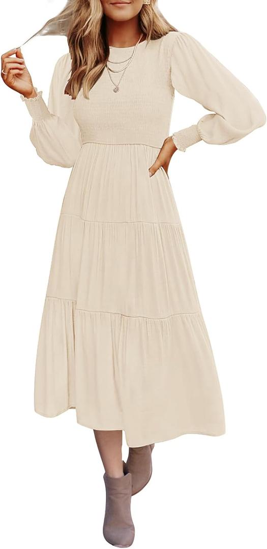 ZESICA Women's Casual Long Sleeve Crew Neck High Waist Smocked Flowy Tiered Midi Dress (Large, Beige)