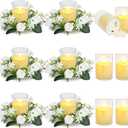 12 PCS Artificial Roses Rings - 3 Inch Roses Flower Wreaths with LED Candles Eucalyptus Pillar Holder Wreath for Wedding Table Centerpiece Home Decorations, White, 6 Sets