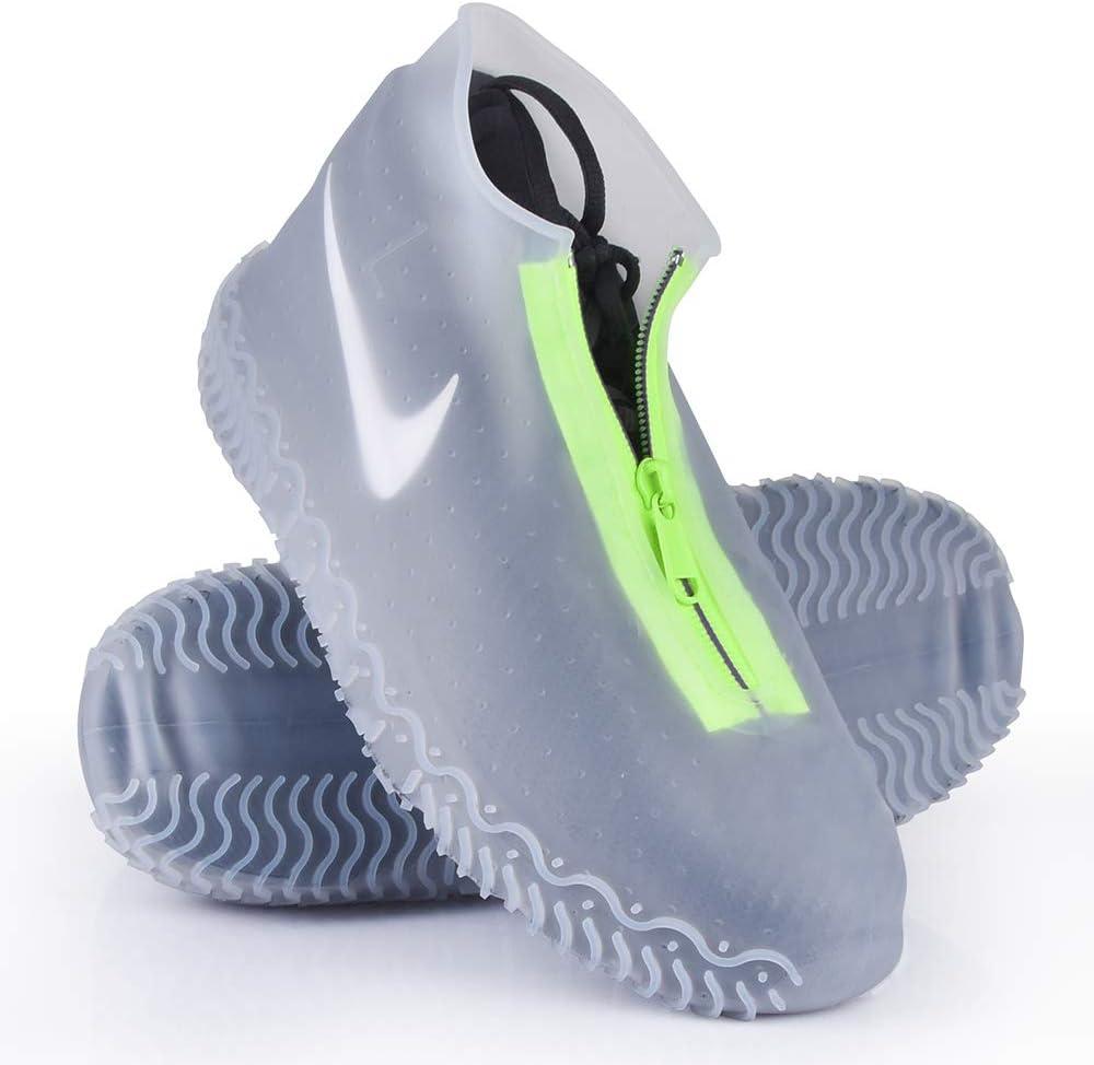 SHIWELY SILICONE WATERPROOF SHOE COVERS, REUSABLE UPGRADED OVERSHOES WITH WATERPROOF ZIPPER, RAIN BOOTS, NON-SLIP WASHABLE PROTECTION FOR WOMEN & MEN (L - WOMEN 7.5–10.5, MEN 6.5–9, WHITE).