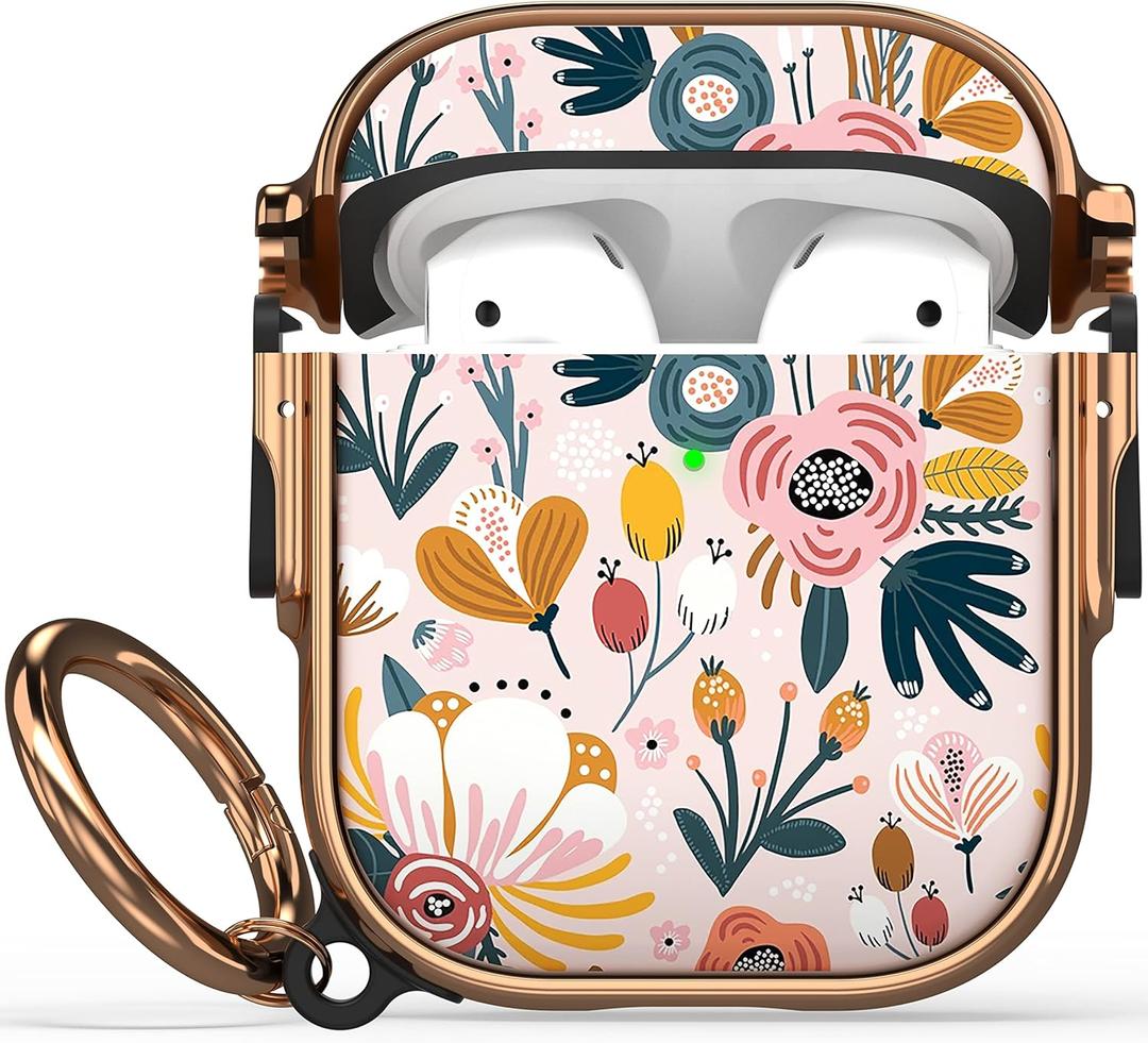 Maxjoy for AirPods Case with Lock, Flower AirPod Case Lock Hard Protective Cute AirPods 2 Cover for Women Men with Keychain for AirPod 2nd 1st Generation Cover 2&1, Floral (Pink + Red)