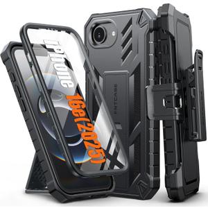 FNTCASE for iPhone 16e 2025 Case: for iPhone 16E Military Grade Rugged Phone Cover with Kickstand & Holster | Shockproof TPU Protection Bumper Matte Textured Design | Heavy Duty Protector (Black)