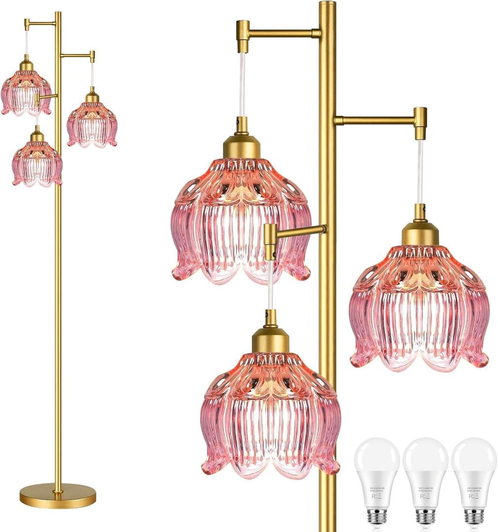 Glass Floor Lamp for Living Room, Bedroom,Gold Flower Mid Century Modern Standing Lamp Brass Tree 3 Light Tall Floor Lamps Vintage Floor Lights Pink Lamp Shade Farmhouse Boho Bohemian