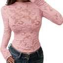 BTFBM Mesh Long Sleeve Tops for Women Lace Sexy Sheer See Through Crew Neck Tight Shirt Fall 2025 Party Club Outfits (Pink), XL