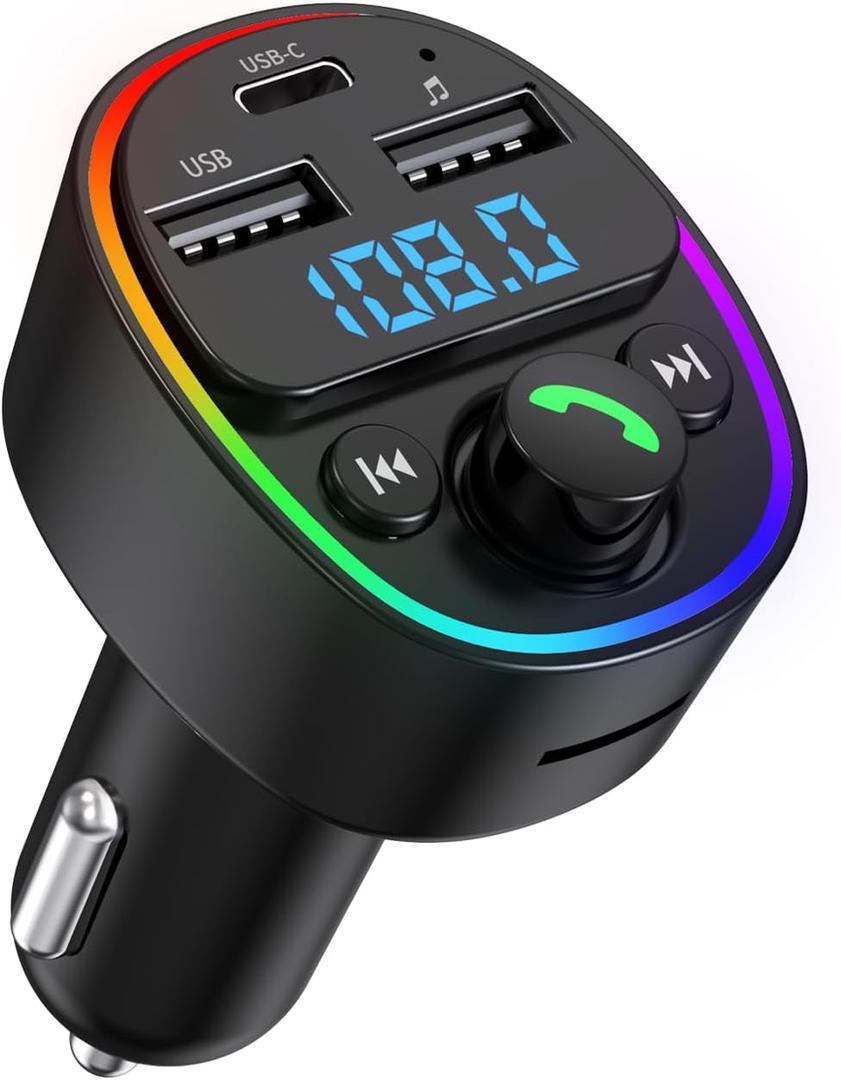 Bluetooth 5.4 FM Transmitter for Car Mp3 Player, Type-C & USB-A Fast Charger, Hi-Fi Stereo Audio, Hands-Free Call, Ring Ambient Light, Car Charger Adapter