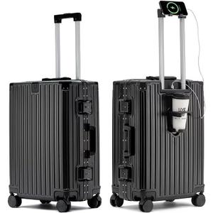 FOXHOLE 20" Upgraded Hard Shell Suitcases Aluminum Frame Carry On Luggage with Spinner Wheels Cup Holder and USB Port Black