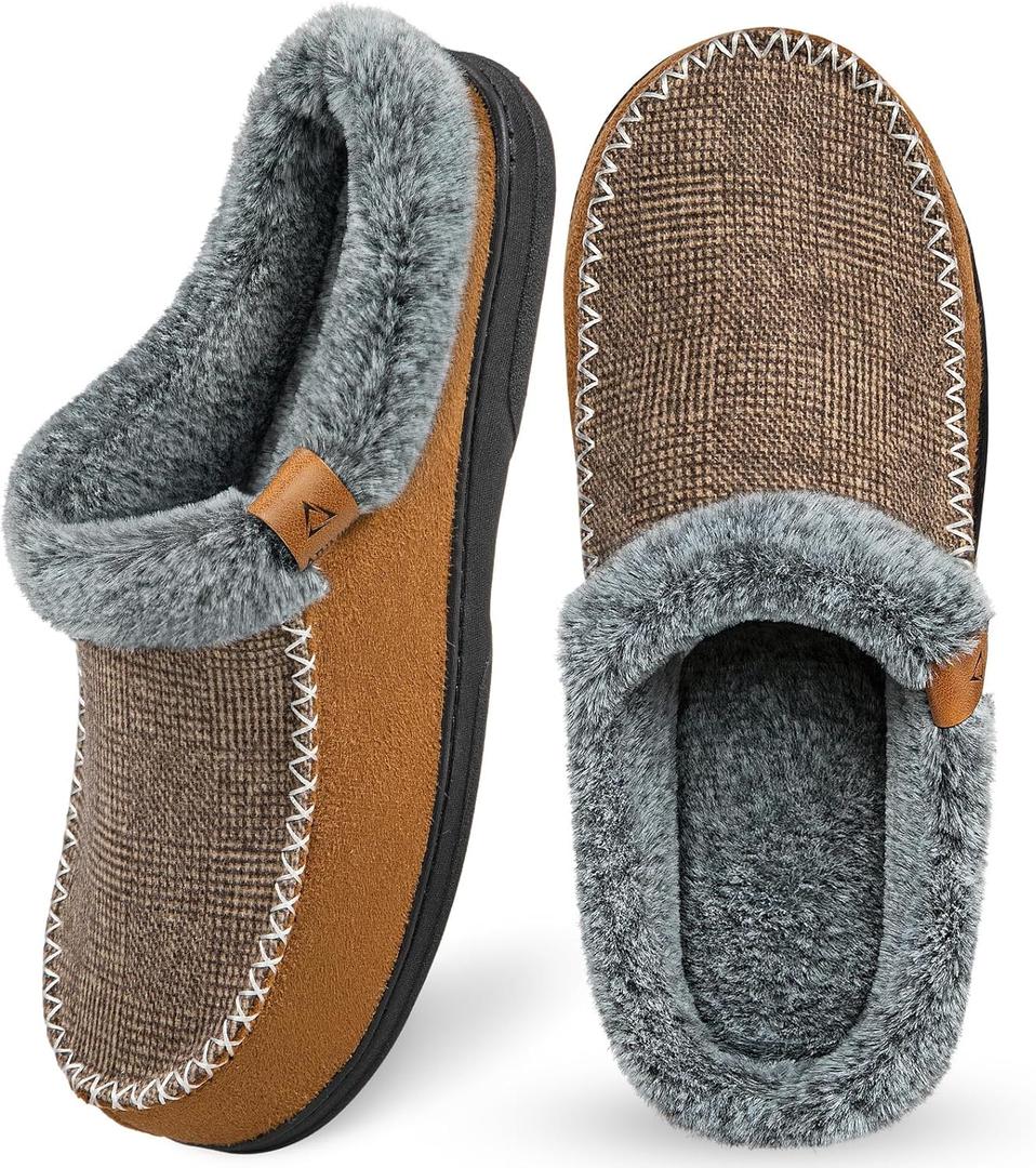 ATHMILE Men's Slippers Slip On Moccasin, Indoor Outdoor Warm Fuzzy Comfy House Shoes, Fluffy Wide Loafer Home Bedroom Slippers (9-10, Brown Black Wool)