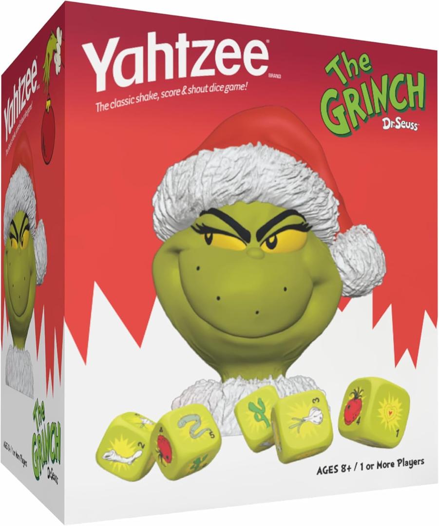 YAHTZEE Grinch Dice Game, Collectible Dice Cup with Green Dice, Christmas Themed Family Board Game, Classic Game with a Festive Dr. Seuss Twist, Officially Licensed Game & Merchandise