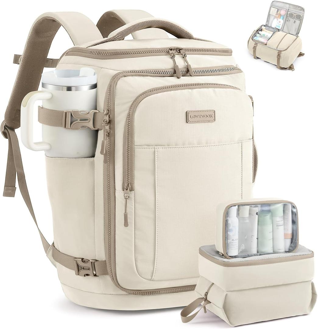 LOVEVOOK Travel Backpack for Women & Men, 40L TSA Approved Carry On Backpack with 3 Packing Cubes, Waterproof Weekender Overnight Bag for 2-4 Day Trips, Business & Travel Essentials, Khaki-Beige