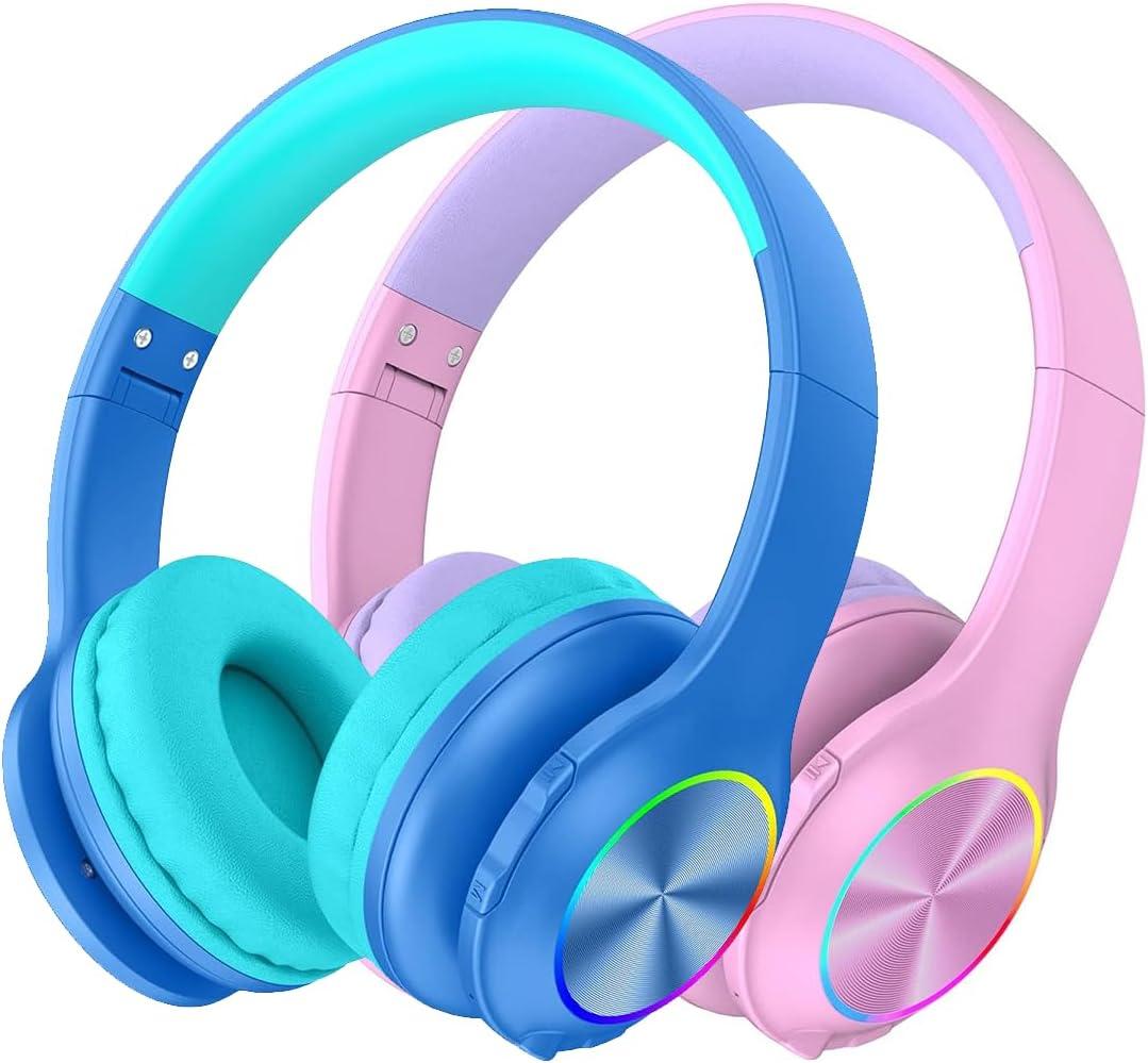2024 Bluetcooth Kids Headphones Fit for Aged 321, Colorful LED Lights Comfort Wireless Headphones with Microphone 94dB Volume Limited for School/iPad/PC/TV/Cellphones, Wired & TF Card Mode, Blue,Pink
