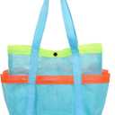 Mesh Beach Bag, Foldable Waterproof Sandproof Beach Storage Tote with 6 Pockets, Swim Tropical Vacation Pool Essential (Blue)