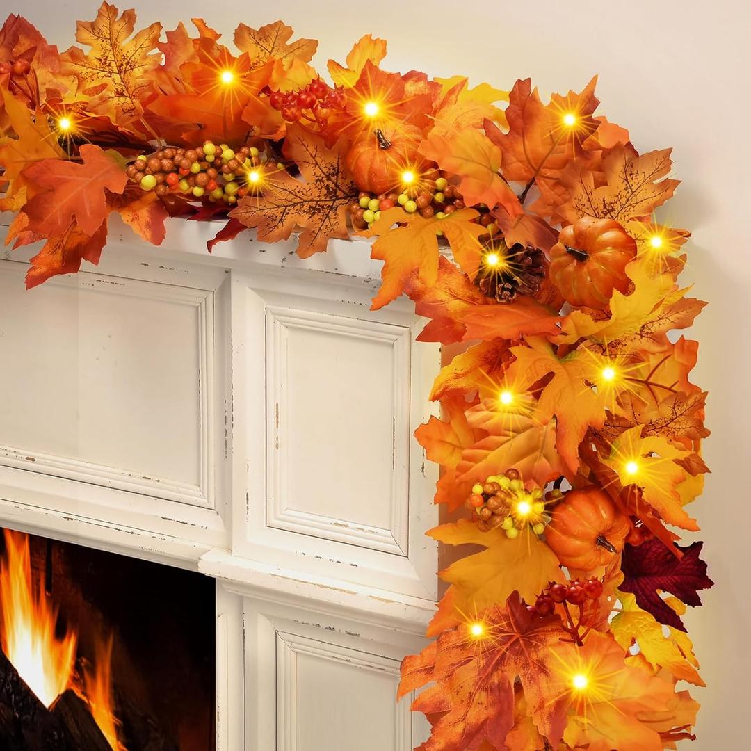 Fall Garland for Mantle, 5.9 Ft Fall Leaves Garland with Maple Leaves Pumpkins for Home Thanksgiving Fireplace Wall Table Outdoor Decor (1 Pack)