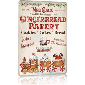 Artlunar Vintage Christmas Decor Gifts Rustic Christmas Mrs Claus Old Fashioned Gingerbread Bakery Tin Sign for Home Farmhouse Kicthen Cafe Bar Wall Decor 8 x 12 inches (3245)