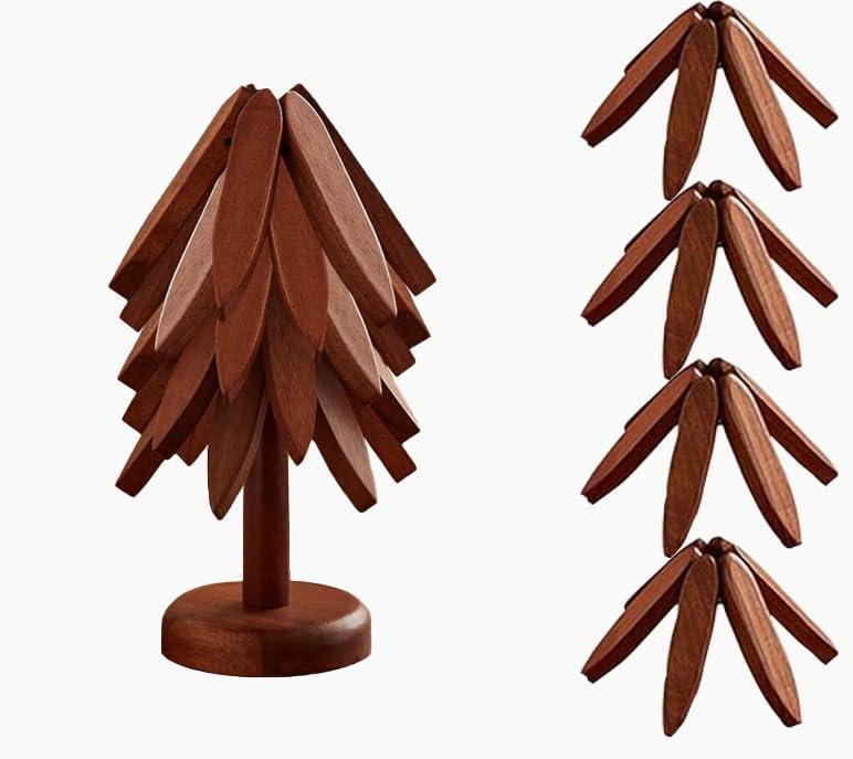 Foldable Walnut Wood Trivet Set for Hot Dishes,Tree Shape Coasters for Hot Pots And Pans, Natural Kitchen Decor With 4 Folding Pads and 1 Stand, Easy Storage