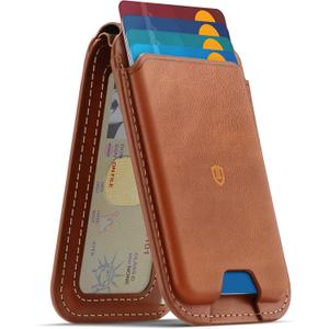 SHIELDON Genuine Leather Card Holder for Phone, Strong Magnetic Wallet for MagSafe with Adjustable Stand, RFID Blocking, Mag Wallet for iPhone 17/16/15/14/13/12/Pro/Max/Plus Men & Women - Retro Brown