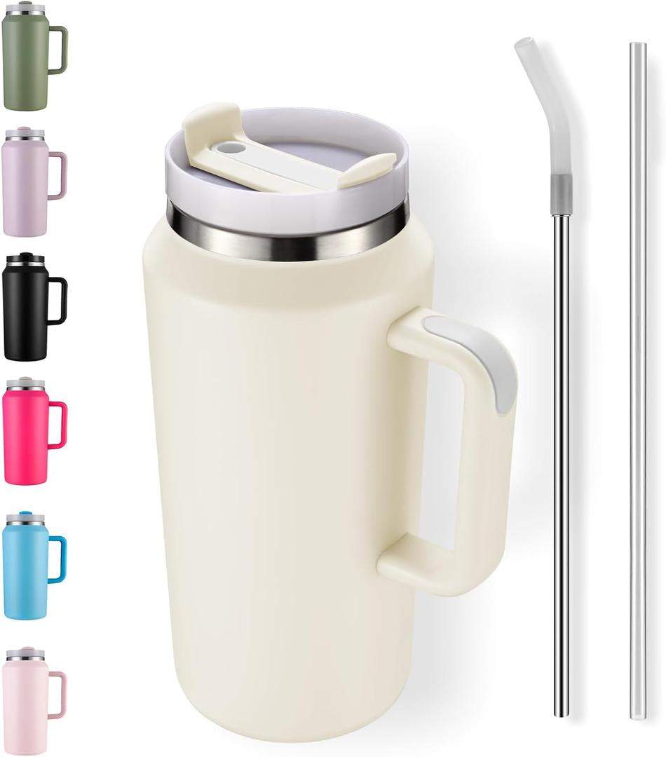64oz Insulated Tumbler with Handle, Stainless Steel Double Wall Vacuumn Water Bottle, Lid and Straw for School, Gym, Hiking & Camping, Cream