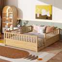 Bellemave Queen Floor Bed Frame with 21.4" High Fence, Solid Wood Queen Montessori Floor Bed for Kids, Low to Ground Full Enclosure Platform Beds, No Box Spring Needed, Natural