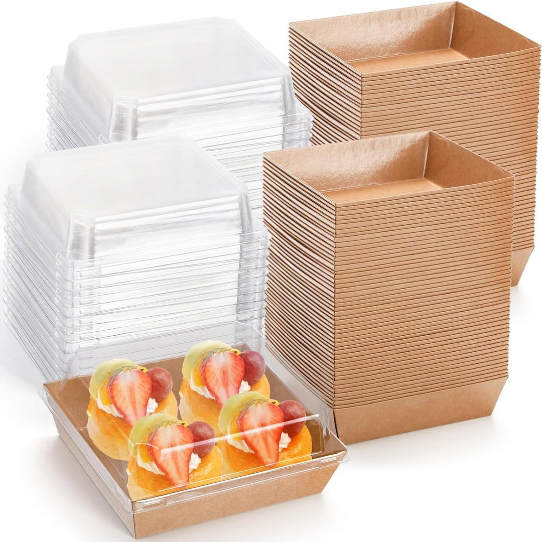Hiceeden 100 Pack Charcuterie Boxes with Clear Lids, 5.4"5"2.5" Paper Bakery Dessert Sandwich Box, Disposable Square Food Containers for Cookies, Donuts, Muffins, Salad, and Pastry, Brown