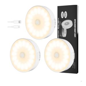 3 Pack Motion Sensor Light Indoor, Upgraded 14 LEDs Night Light USB Rechargeable, 3 Light Modes & Long Last Battery, Cordless Magnetic NightLight for Closet, Bedroom, Stairs - Warm White
