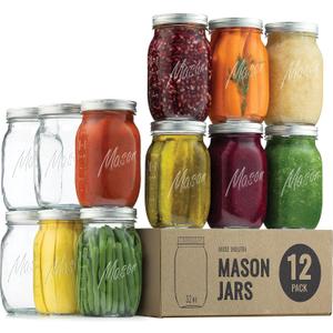 Paksh Novelty Mason Jars - Food Storage Container - 32 oz 12-Pack - Airtight Container for Pickling, Canning, Candles, Home Decor, Overnight Oats, Fruit Preserves, Jam or Jelly
