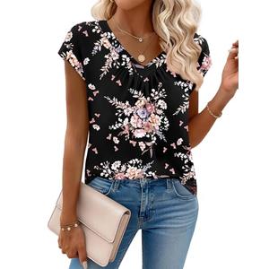 Zeagoo Casual Tops for Women Summer Short Sleeve V Neck Tshirts Shirts for Women Floral Print Business Casual Work Clothes, Size S
