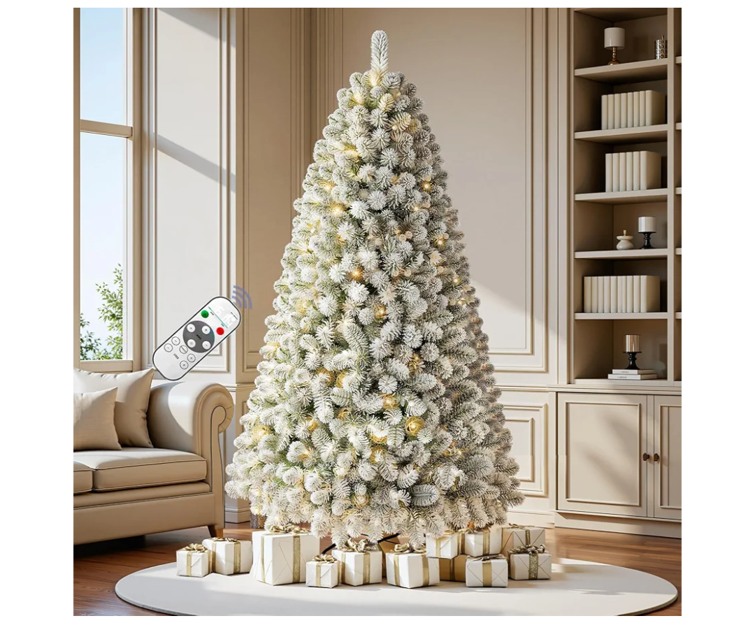 7.5 FT Pre-lit Snow Flocked Christmas Tree Spruce with Remote Control, 350 Warm White Multi-Color Changing LED Lights, Artificial Hinged/Feel Real/Realistic for Home, Dual Color LED