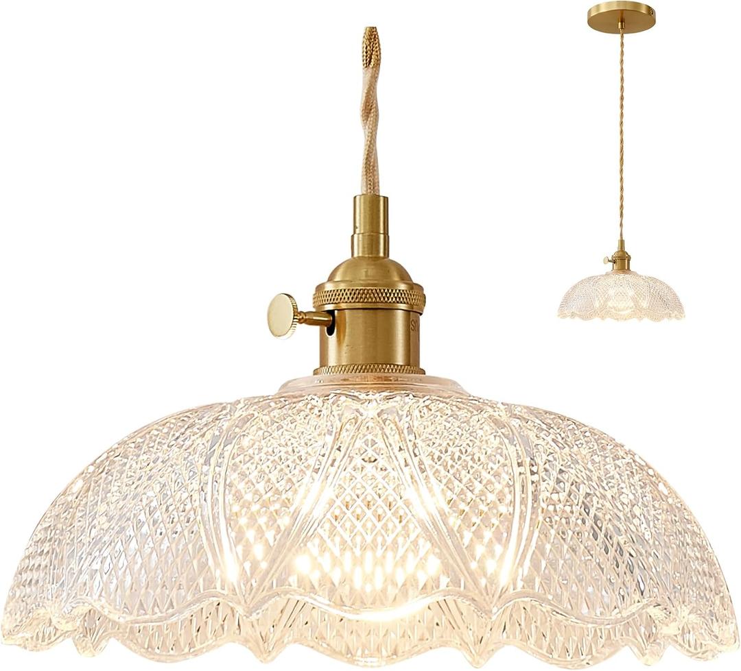 Hanging Lamp,9.8 Inch Pendant Lights Kitchen Island Golden Cord Hanging Pendant Light Flower Lampshade Vintage Hanging Lamp Farmhouse Living Room Bedroom with Light Bulb (250mm)