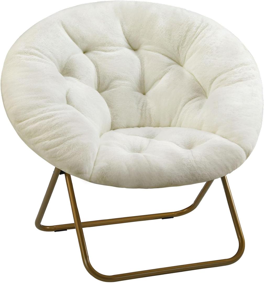 DUMOS Saucer Chair for Adults, Teens, Faux Fur XL Circle Chair for Bedroom, Dorm & Gaming, Foldable Comfy Accent Seat for Small Spaces, Oversized Style Thick Padded Meatal Frame, Ivory
