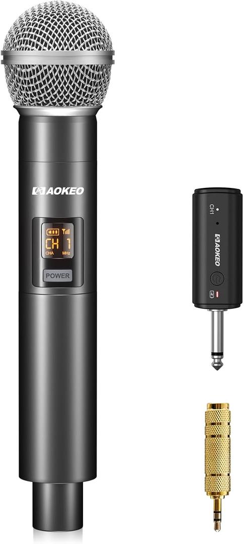 Aokeo Wireless Microphone for Mic Input, UHF Metal Dynamic Handheld Multipurpose Mic with Rechargeable Receiver (Work 4hs), 160ft Range, for Karaoke Machine, Amplifier Speaker, Mixer, Church