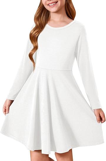 Haloumoning Girls Long Sleeve T-Shirt Dresses Kids Fall A-Line Twirly Skater Dresses 11-12 Years Withe