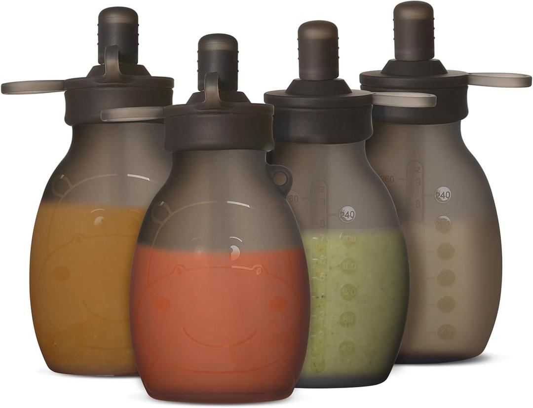 haakaa Hippo Pouch  9oz/260ml Reusable Pouches for Toddlers, Reusable Baby Food Pouches for Homemade Organic Purees, Juices, Smoothies, and Yogurt, 4 Pack, (Grey)