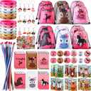 Liliful 140 Pcs Cowgirl Party Favors Horse Themed Party Supplies Include Cowgirl Drawstring Bag Keychain Rubber Wristbands Badges Puzzle Stickers Pink Notepads Pencils for Disco Western Birthday