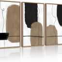 KUVIOKE Abstract Wall Art Framed Neutral Beige Mid Century Textured Artwork Black Minimalist Line Modern Illustrations Bedroom Hallway Ready to Hang 16x24in (Natural Framed)