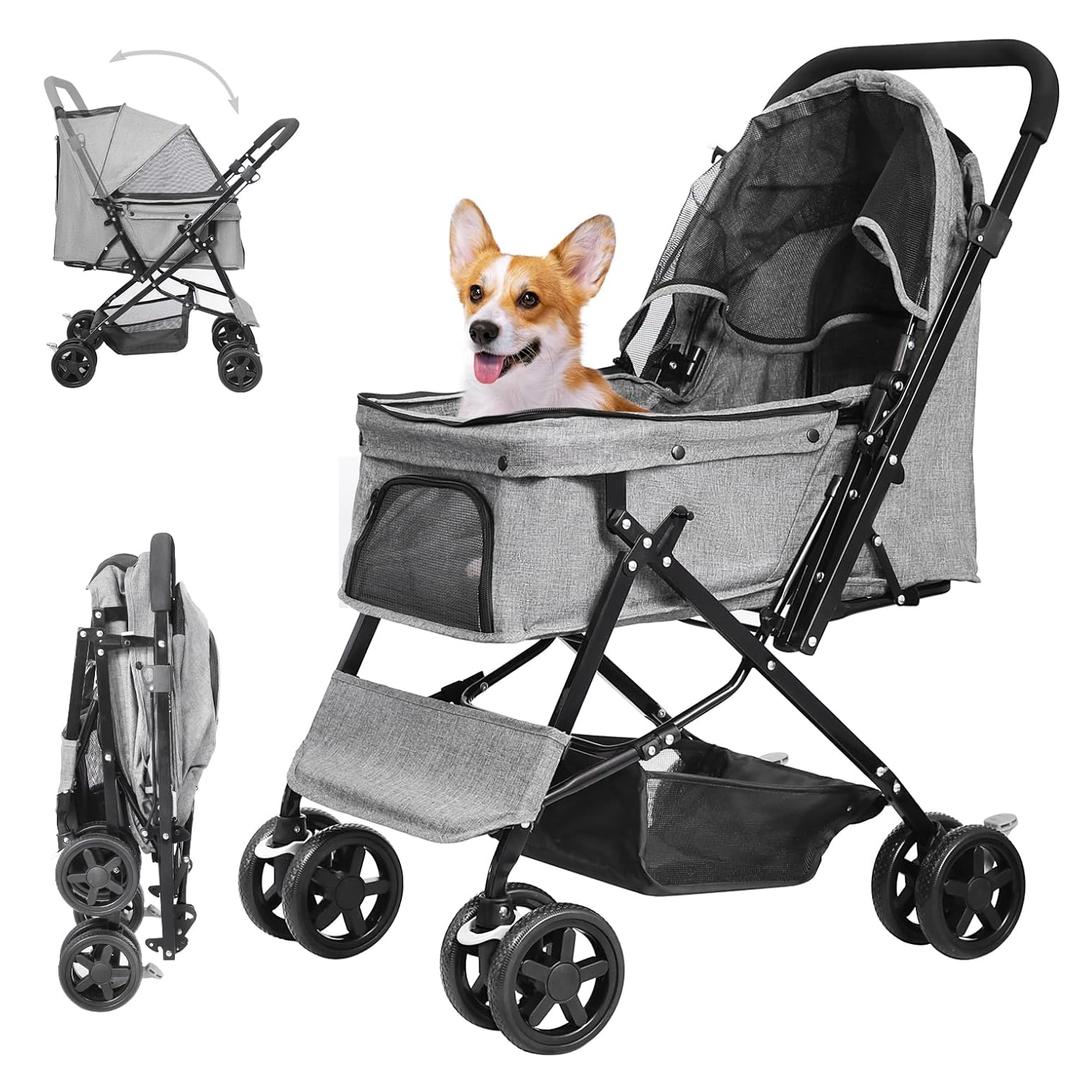 Lightweight Dog Stroller with Reversible Handle for Medium Small Dogs and Cats, Foldable Pet Stroller Travel Carriage with Large Storage Basket, 4 Wheels, Linen Gray