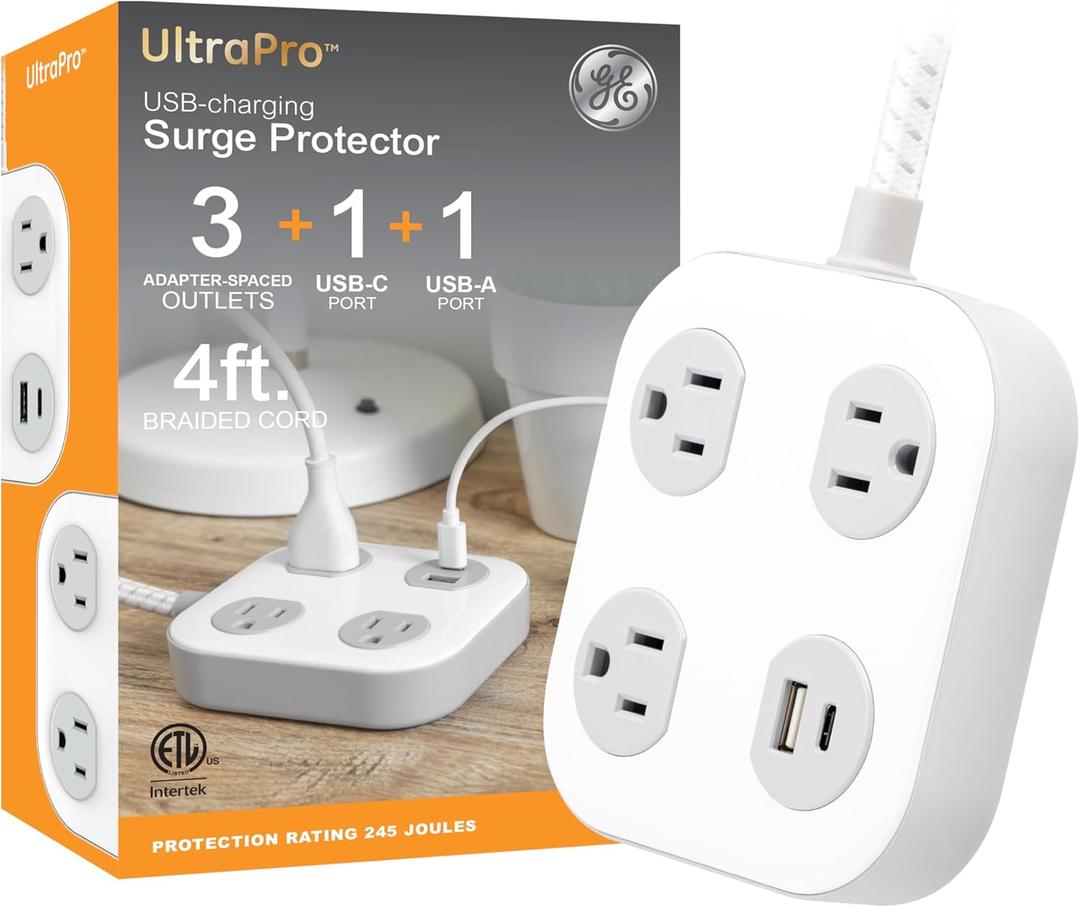 GE UltraPro 3-Outlet Surge Protector with 4ft Braided Cord, Power Strip, Extension Cord, Flat Plug, 1 USB-A & 1 USB-C Port, 245 Joules, for Home School & Office, Charging Station, White  81786