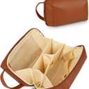 Travel Makeup Bag Gift for Women, Soft PU Leather Cosmetic Bags, Waterproof Toiletry Bag, Portable Wide Open Pouch, Travel Cosmetic Bag with Divider and Handle, Medium, Brown