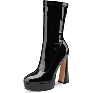 Women's Mid Calf Platform Boots Round Toe High Heel GoGo Short Boots Chunky Heel Comfortable Booties with Side Zipper for Ladies Sexy Cute (US 9, Black Patent)