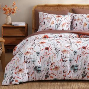 CASAAGUSTO Queen Comforter Set, 7 Pieces Bed in a Bag Queen White Floral Comforter Set with Terracotta Flowers Leaves Pattern, Soft Seersucker Design All Season Queen Bedding Set