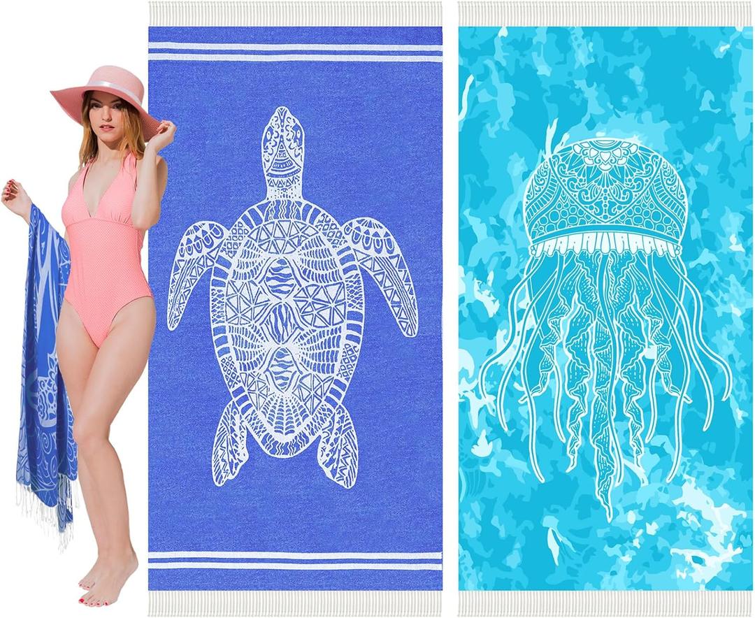 Thin Turkish Beach Towel Lightweight Soft Cotton Extra Large XL Oversized Sand Free Sandproof Absorbent Quick Dry Towels Cloud Bath Pool Travel Compact Essentials Accessories for Adult Gifts (XL(79x36 IN,200x90 CM), 2 Pack Adarkblue Turtle Deepskyblue Jellyfish)