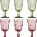 SOUJOY Set of 6 Vintage Glass Goblet, Colored Wine Glasses 10oz, Handmade Pressed Water Drinking Cup with Stem for Party, Wedding, Bar