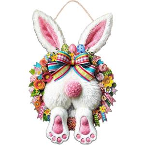 Easter Decoration Wooden Door Wreath for Front Door Sign Cute Bunny Wooden Door Hanger Rabbit Spring Decoration, Cute Bunny Flower Egg Welcome Hanging Sign for Outdoor Indoor Home Wall Decor