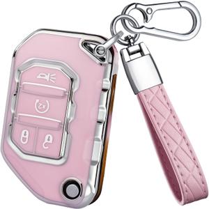 for Jeep Key Fob Cover - TPU Key Shell Case Protector Compatible with Jeep Wrangler JL JLU Rubicon Gladiator JT Sahara 4 Buttons Flip Car Key, Pink (Sliver-Edge-Pink)
