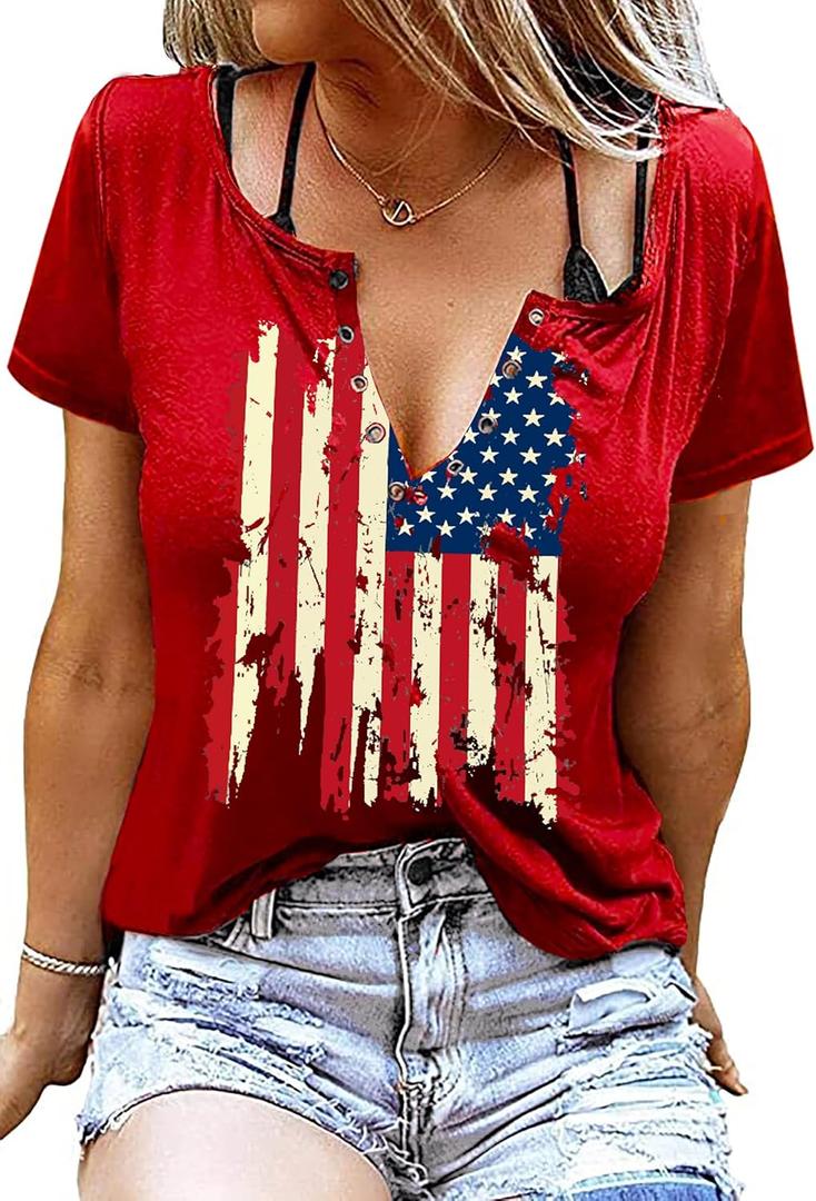 American Flag Shirt Tops Womens 4th of July T-Shirts Ring Hole Short Sleeve Sexy V-Neck Patriotic Tees (Medium, Red1)